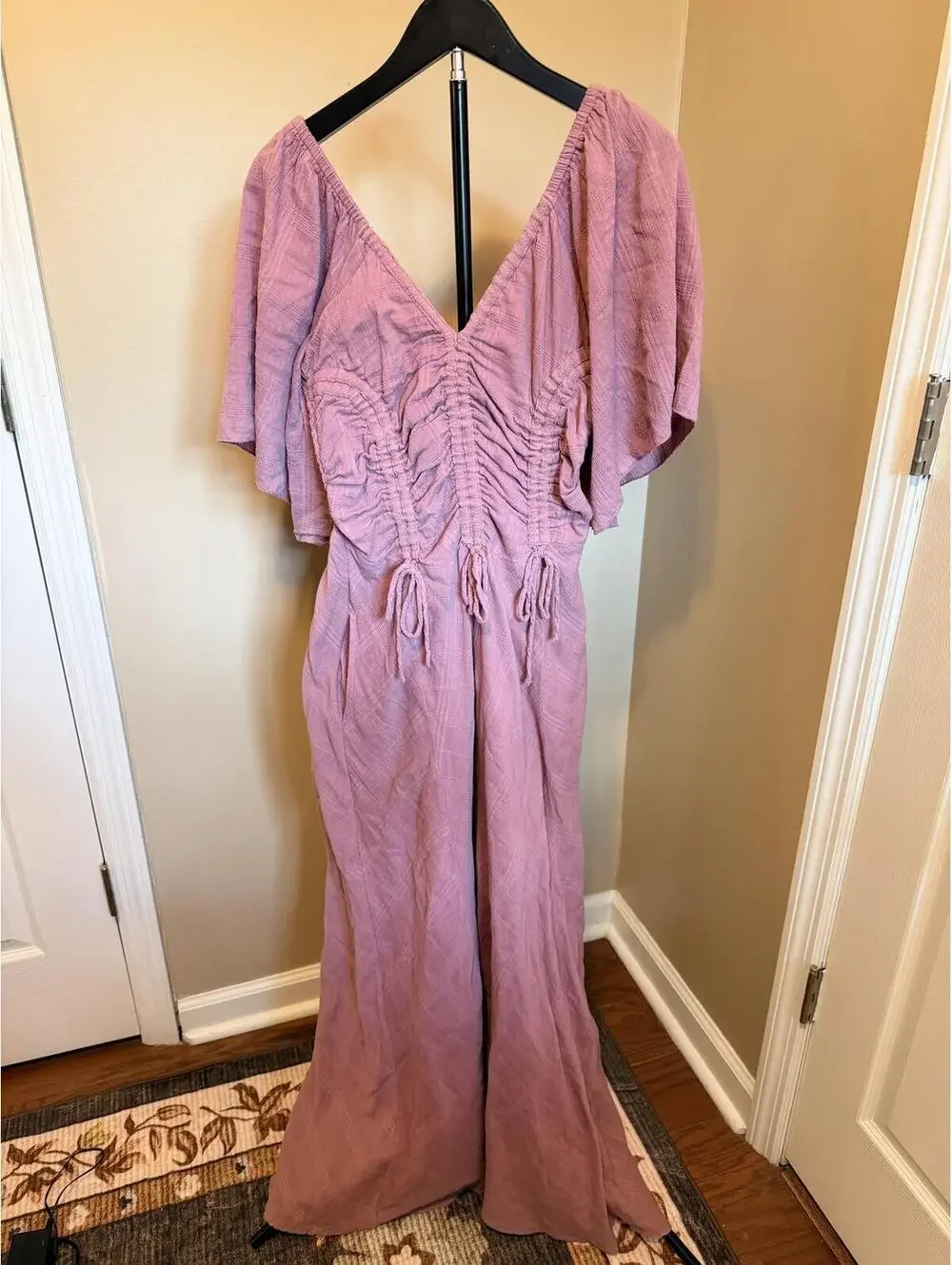 Free People Mauve Gauze Maxi Dress XS Boho Ruched Flutter Sleeve Cottagecore